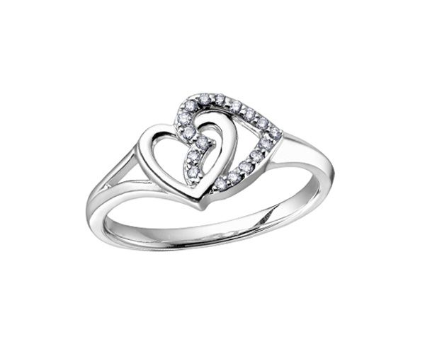 BAGUE 2 COEURS EN OR 10K BLANC SERTIE DE DIAMANTS